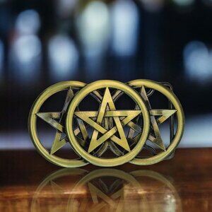 Triple Pentagram Bronze Finish Metal Belt Buckle - Triple Five Point Star Buckle